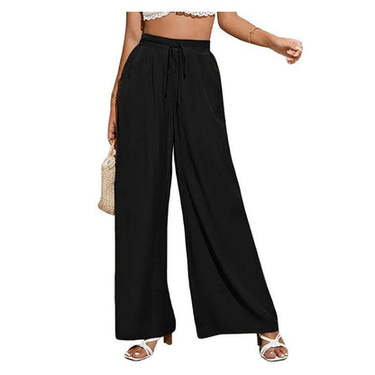 Elevated Solid Color High-Waisted Tie-Up Wide-Leg Trousers