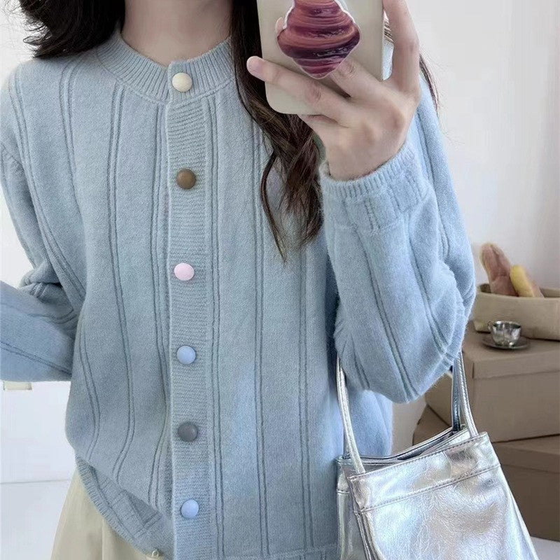 Solid Color Long Sleeve Crewneck Buttoned Cardigan Sweater