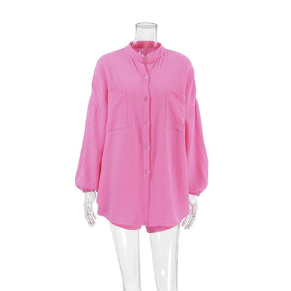 Solid Color Long Sleeve Shorts Pajama Set