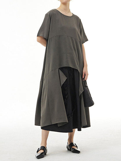 Irregular Clipping Loose Solid Color Round-Neck Midi Dresses