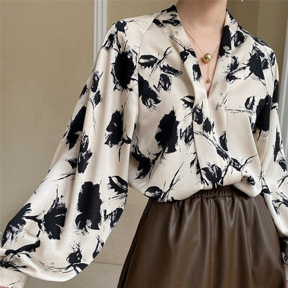 Vibrant Ink Lantern Sleeve Satin V-Neck Shirt