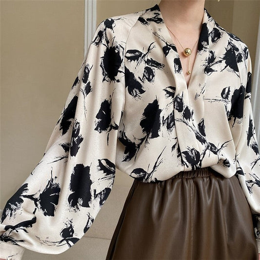 Vibrant Ink Lantern Sleeve Satin V-Neck Shirt