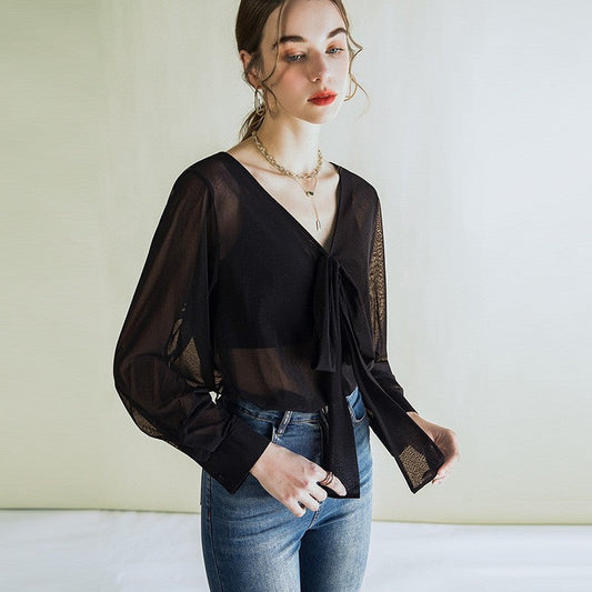 Solid Color V-Neck Bandage Long Sleeve Sheer T-Shirt