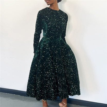Sequin Embellished Long Sleeve High Waist Formal Dress