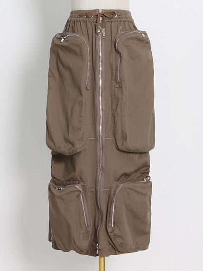 Original Creation High Waisted Loose Split-Joint With Big Pockets Zipper Skirts Bottoms