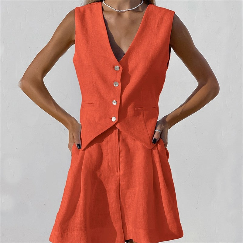 Casual Two-Piece Suit with Sleeveless Single-Breasted Vest and Shorts in Solid Color