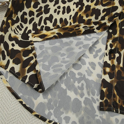 Leopard Print Loose Fit Lapel Long Sleeve Blouse and Ants Two-Piece Lounge Suit