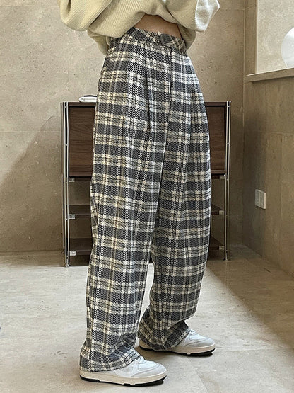 Vintage Wide Leg High-Waisted Pleated Plaid Pants