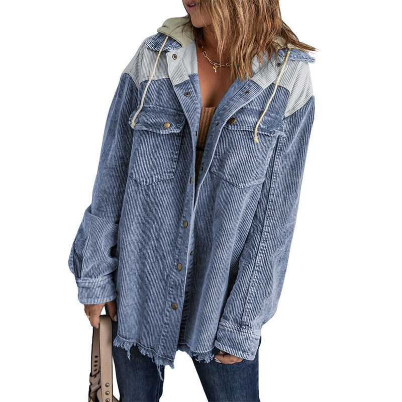 Loose Fit Color Block Hooded Corduroy Jacket