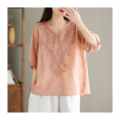 Casual V-Neck Embroidered Cotton-Linen Shirt with Heavy-Duty Construction