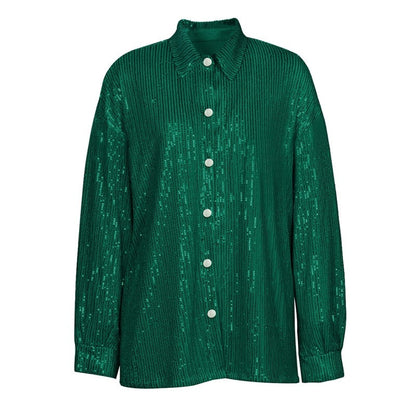 Solid Color Long Sleeve Lapel Single Breasted Glitter Blouse