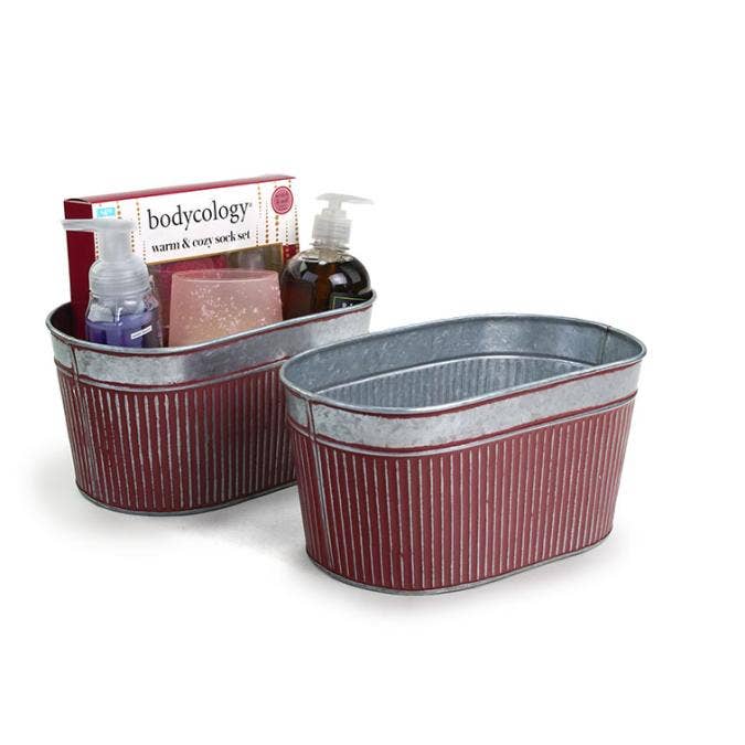 11 inch Ribbed Oval Tin with Dark Red patina