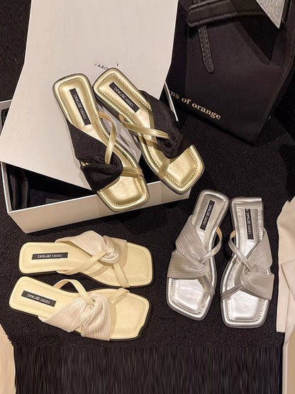 Pleated Split-Joint Square-Toe Sandals Slippers