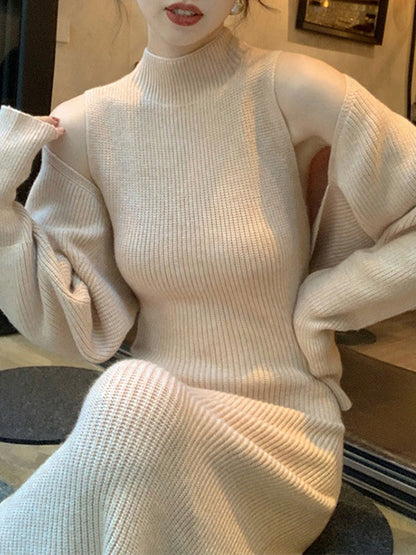Long Sleeves Solid Color Mock Neck Cardigan Top + High Waisted Sweater Dress Two Pieces Set