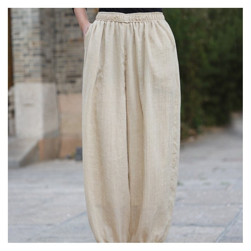 Loose Lantern Pants with Elastic Waist - Solid Color