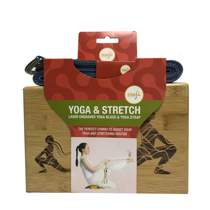 Maji Sports Laser Engraved Bamboo Yoga Block & Strap Combo