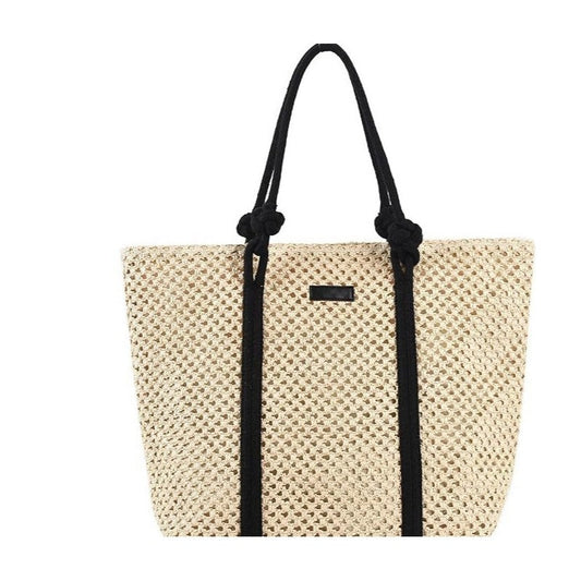 Single Shoulder Beach Bag with Stylish Solid Color Straw Weave