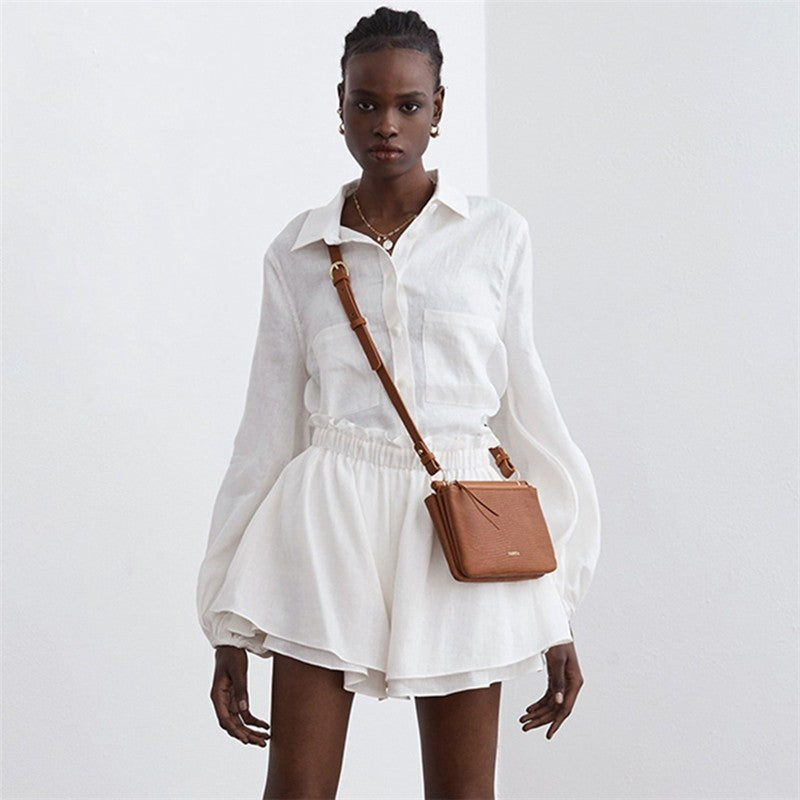 Solid Color Long Sleeve Lapel Single Breasted Blouse and Shorts Set