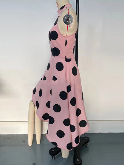 Loose Sleeveless Asymmetric Polka-Dot Halter-Neck Midi Dresses