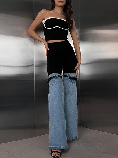 High Waisted Belted Split-Joint Flared Trousers