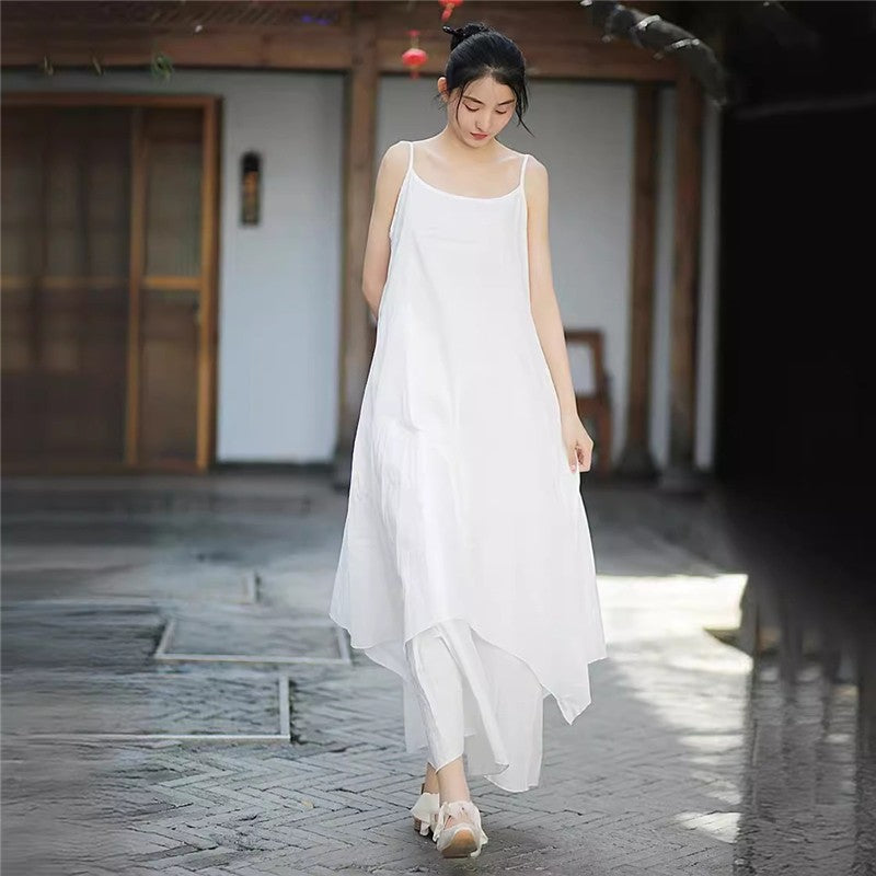 Hem Double-Layer Solid Color Sling Dress with Irregular Design