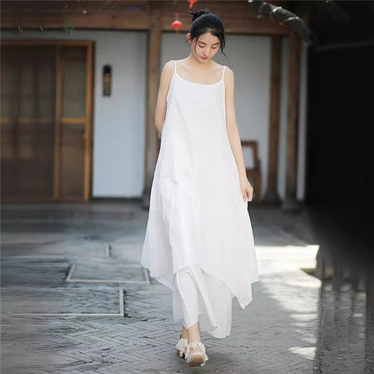 Hem Double-Layer Solid Color Sling Dress with Irregular Design
