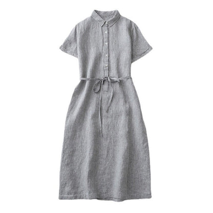 Half-Opening Buckle Waist Frenulum Polo Collar Mid Length Dress