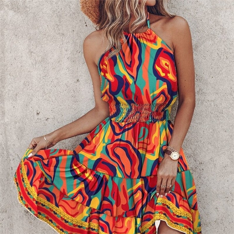 Stylish Off-Shoulder Halter Neck Print Dress