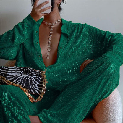 Solid Color Long Sleeve Lapel Single Breasted Glitter Blouse