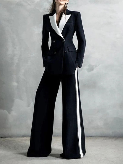 Loose Wide Leg Contrast Color Pockets Pants Suit Pants