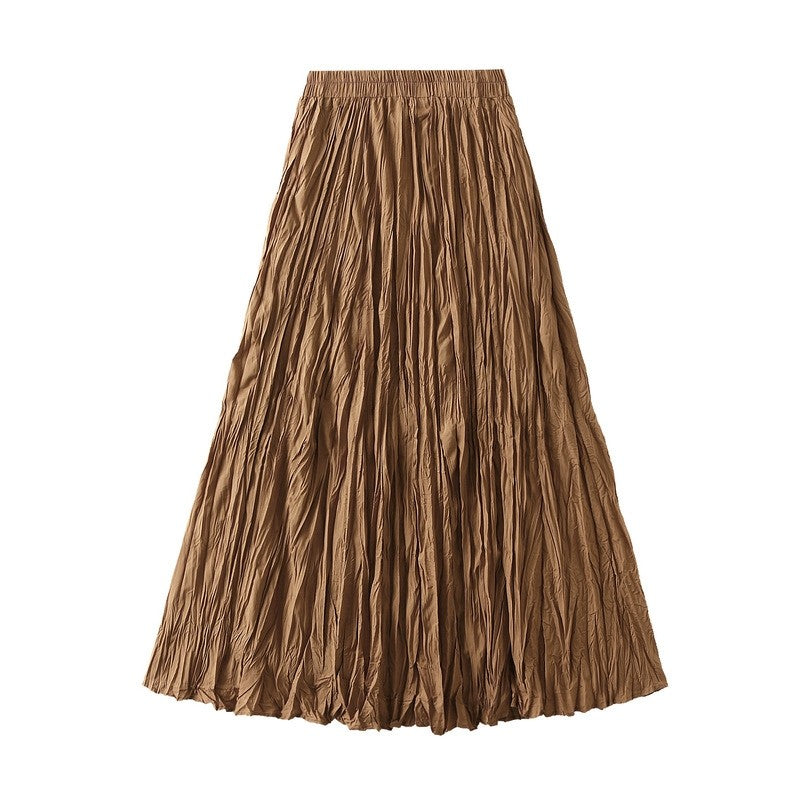 Solid Color High Waist Pleated A-Line Skirt with Flared Hem