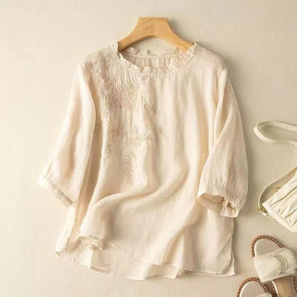 Women's Short Sleeve Cotton Linen Embroidered Lightweight Literary Pleated Blouse