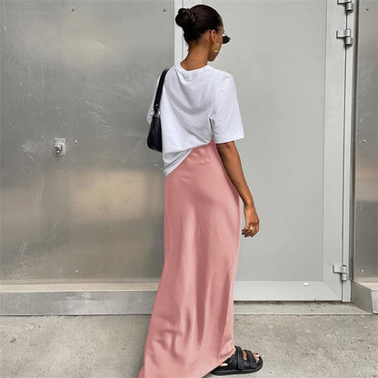 Simple Satin Maxi Skirt in Solid Color