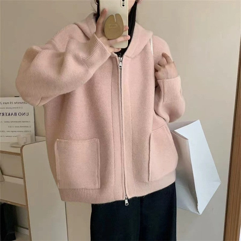Solid Color Long Sleeve Hooded Zipper Pockets Casual Loose Cardigan Sweater