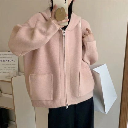 Solid Color Long Sleeve Hooded Zipper Pockets Casual Loose Cardigan Sweater