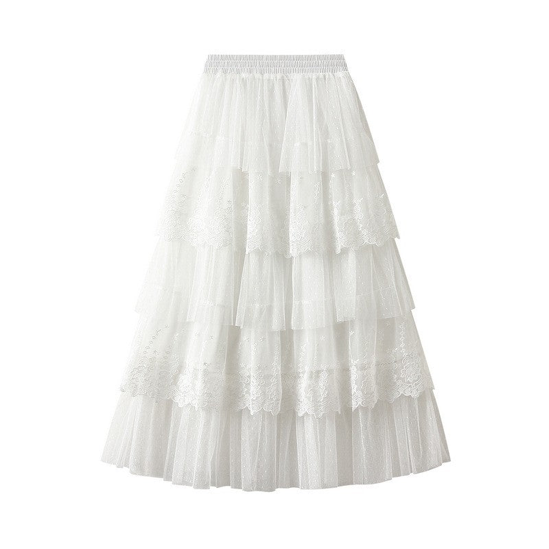 Layered Lace Patchwork A-Line Skirt in Solid Color