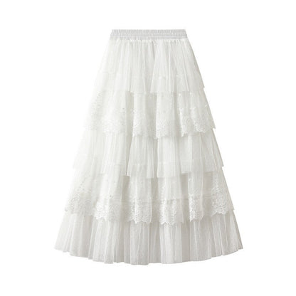 Layered Lace Patchwork A-Line Skirt in Solid Color