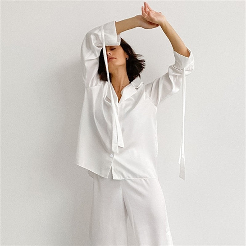 Solid Color Long Sleeve Lapel Buttoned Blouse and Side Slit Pants Two-Piece Homewear Pajama Set