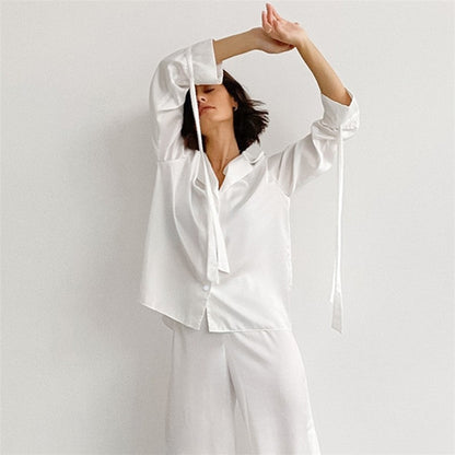Solid Color Long Sleeve Lapel Buttoned Blouse and Side Slit Pants Two-Piece Homewear Pajama Set