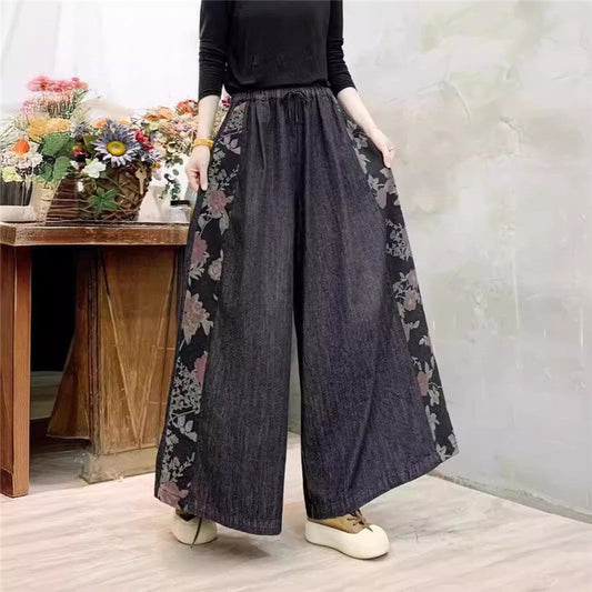 High Waisted Tie-Waist Wide Leg Pants With Floral Print