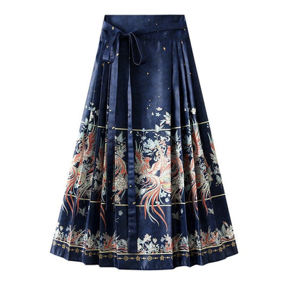 Phoenix Print Pleated Skirt with Chinese Style Waist Tie
