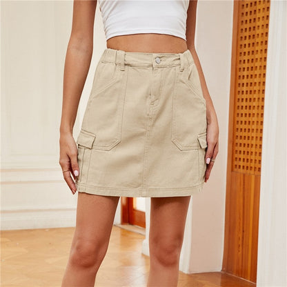 Elastic Waist Denim Mini Skirt Featuring Utility Pockets
