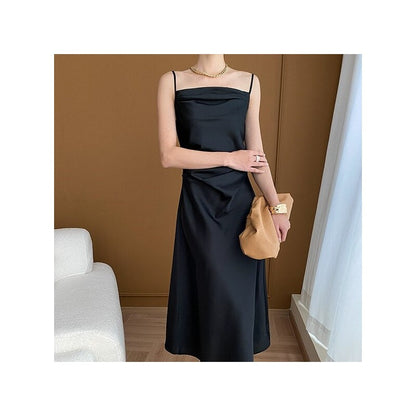 Solid Color Satin Waistband Sling Dress with Figure-Flattering Silhouette