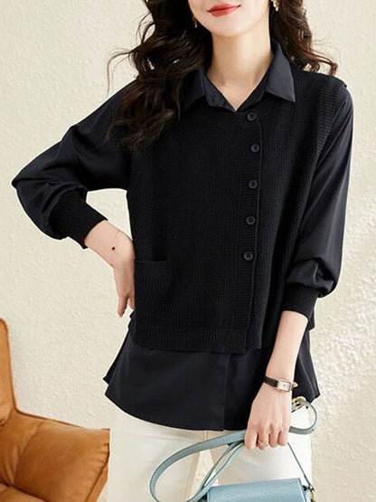 Long Sleeves Loose Solid Color Lapel  Inner Shirt + Buttoned Pockets Outer Knit Vest Two Pieces Set