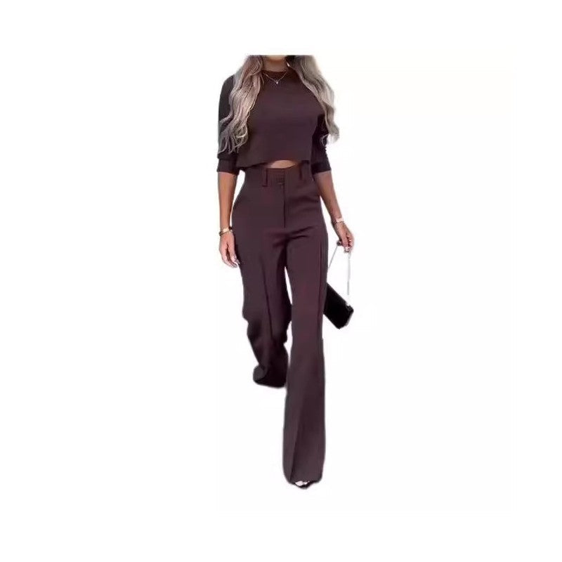 Solid Color Nine-Quarter Sleeve Top and Long Pants Ensemble