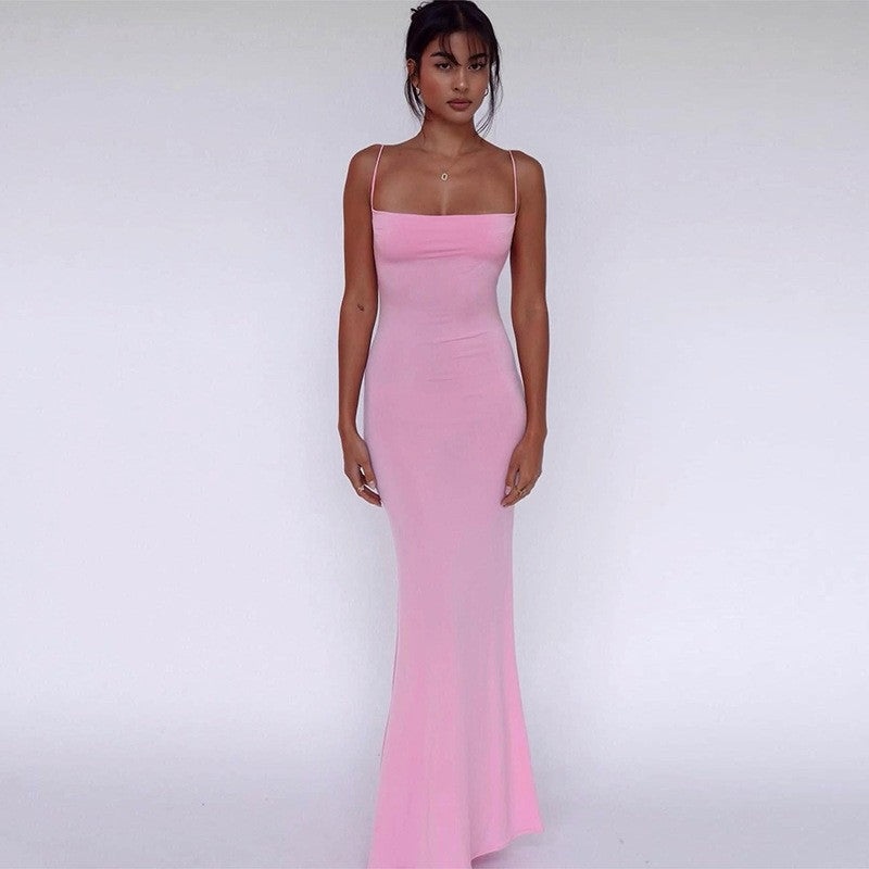 Solid Color Backless Spaghetti Strap Dress