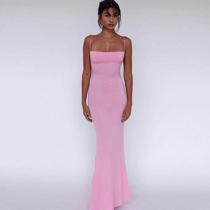 Solid Color Backless Spaghetti Strap Dress