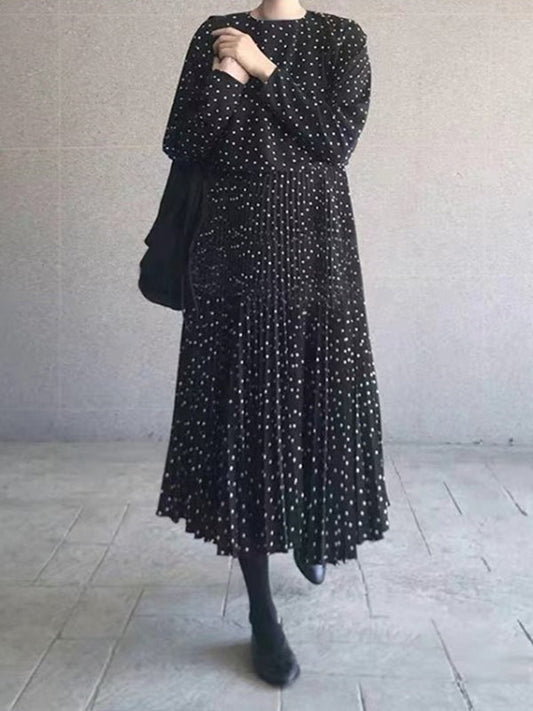 Long Sleeves Loose Elasticity Pleated Polka-Dot Split-Joint Round-Neck Midi Dresses