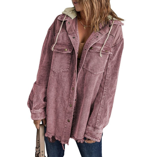 Loose Corduroy Color Block Hooded Jacket