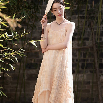 Solid Color Jacquard Halter Maxi Dress with Irregular Pleating